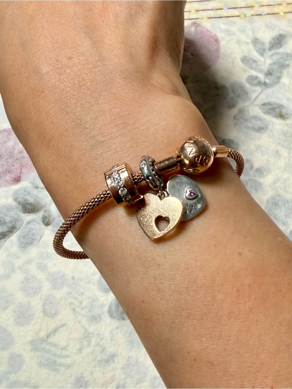 Pandora Rose Gold Heart Charm Bracelet with Mixed Metal Hearts